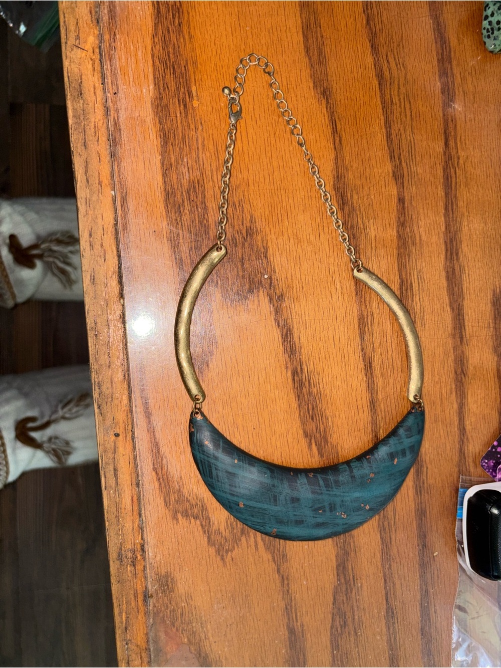Gold and Teal Statement Crescent Necklace - Women Accessories 9 inches
